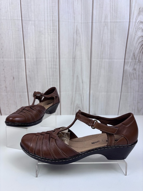 Clarks Shoes - Clarks Wendy Alto Leather Shoes T-Strap Low Wedge Casual Dress Shoe Brown Sz 10